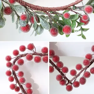 Guirlanda de bayas rojas escarchadas de Navidad corona para decoracion colgante de fiesta hogar