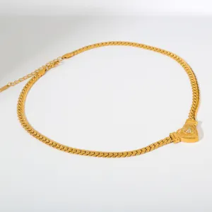 Edelstahl Gold Cuban Gliederkette Halskette mit funkelndem Kristall Herz Anhänger Schmuck