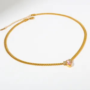 Gold PVD Edelstahl Kubanische Kette Halskette mit Rosa Zirkon Anhänger Modeschmuck