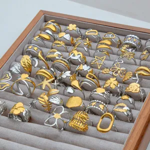 Minimalistischer Edelstahl Zweifarbiger Offener Ring Für Damen Vintage Hohl Blume Herz Blatt Verstellbarer Fingerring Mode Schmuck