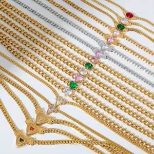 Edelstahl Cuban Kette Halskette mit Herz Zirkonia Anhänger, trendiger Hip Hop Punk Schmuck.
