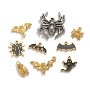 Halloween stainless steel charms set, spider bat ghost enamel pendants for DIY jewelry making.