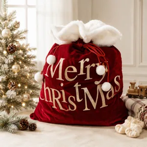 Sac cadeau de Noël en velours rouge avec bordure en fausse fourrure blanche, grand pochon.
