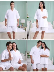 White cotton waffle couple sauna suit short sleeve robe and shorts set for hotel and home relax
