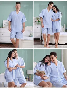 Cotton waffle couple pajama set, breathable short sleeve sleepwear for hotel, sauna or home relax.