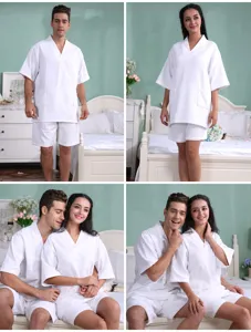 Cotton waffle weave couple sauna suit bathrobe set detail view, comfortable spa sleepwear.