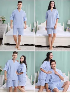 Cotton waffle couple pajamas set short sleeve sleepwear and sauna wear for hotel home use.