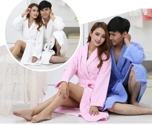 Thickened pure cotton couple bathrobe for autumn and winter, long sleeve soft terry bath gown.
