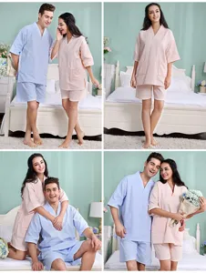 Detailed view of cotton waffle couple loungewear set in soft blue and pink for spa use.