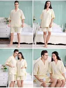Pure cotton waffle couple sauna suit short sleeve pajamas hotel spa loungewear set.