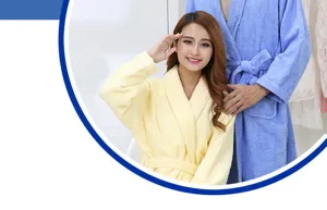 Thick cotton couple bathrobes with long sleeves and soft towel material for cozy daily home wear.