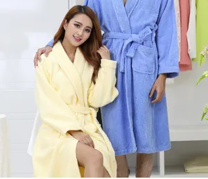 Comfortable thick cotton loop couple bathrobes in yellow and blue, ideal for autumn and winter.