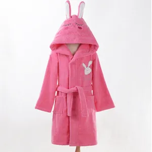 Pink cotton hooded bathrobe for kids with cute bunny ears, long sleeves and tie belt.