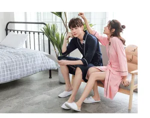 Couple cotton bathrobes for men and women, long sleeve soft sleepwear for comfortable home relaxing.