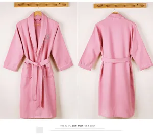 Cotton waffle knit bathrobe for couples, comfortable loose sleepwear with belt and pockets.