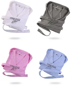 Detailed view of pure cotton waffle weave hooded bathrobes in four vibrant colors with belts.