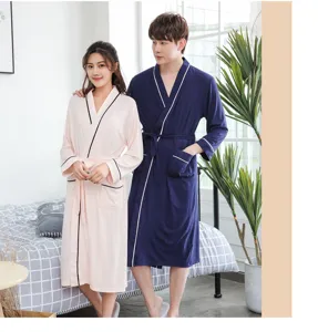 Detail view of the couple bathrobe set showing soft fabric, elegant piping, and comfortable fit.