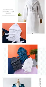 Cotton hooded bathrobe for men and women, long sleeve sleepwear with belt, hotel style.