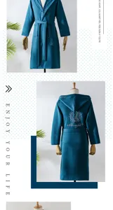 Detail view of cotton waffle hooded bathrobe, long cozy sleepwear with belt in dark blue.