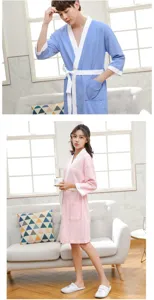 Couple waffle knit cotton bathrobe summer lightweight seven-sleeve sleepwear morning gown details