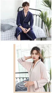Couple bamboo pulp fiber bathrobe long sleepwear set, comfortable V-neck loungewear for home.