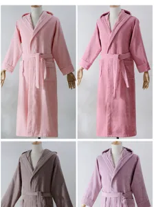 Detailed close-up view of thickened pure cotton hooded bathrobes in multiple colors.