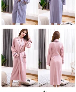 Detailed view of long cotton bathrobe for couples, comfortable sleepwear with belt and pockets.