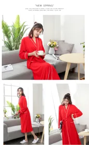Red bamboo fiber long sleeve bathrobe for women, comfortable sleepwear with white piping belt.