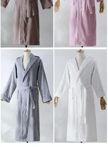 Four-color long hooded pure cotton bathrobes detailed showcase, comfortable and warm for daily wear.