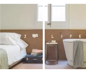 Cozy home lifestyle interior scene with bathtub, bed, and towel, perfect for home decor display.