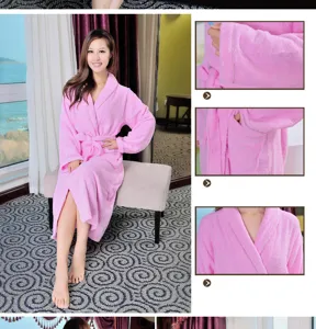 Cotton bathrobe detail view showcasing long sleeves, pocket, and soft collar design.