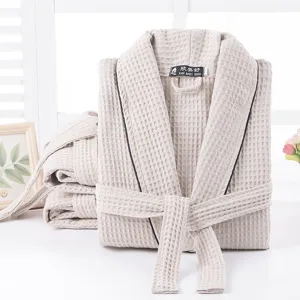 Pure cotton waffle bathrobe for men and women, comfortable hotel sleepwear with belt.