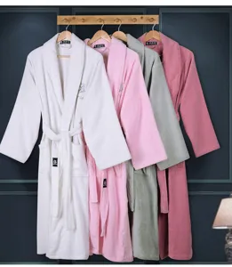 Pure cotton long sleeve bathrobe for men and women, hotel and home sleepwear design.