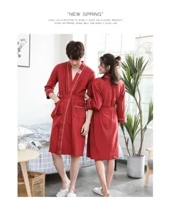 Spring couple pure cotton mid-length bathrobe men women sleepwear loungewear comfortable robe