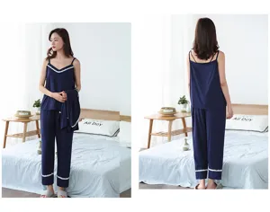 Ensemble pyjama femme bleu fonce en modal avec bordure en dentelle, vetement de nuit.
