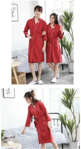 Cotton couple bathrobe long sleeve sleepwear red loungewear unisex comfortable nightgown