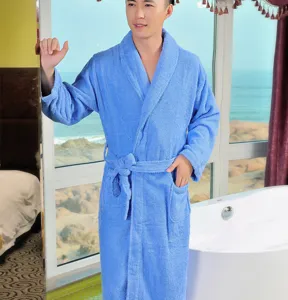 Detailed view of long plush cotton bathrobe showing comfortable fabric and relaxed fit.