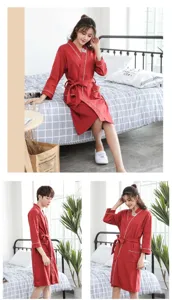 Cotton couples bathrobe long sleeve sleepwear loungewear for men and women red