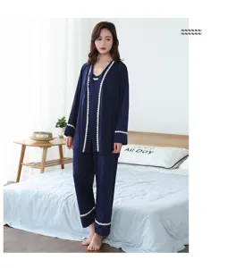 Ensemble pyjama femme manches longues en bambou trois pièces, vêtement de nuit modal.