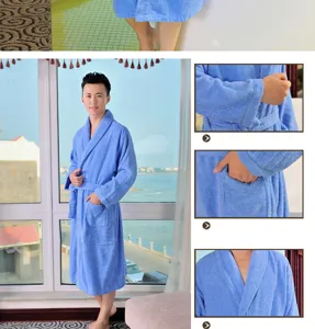 Cotton long bathrobe for men and women couple sleepwear soft comfortable blue bath towel wear