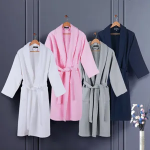 Unisex Cotton Waffle Weave Long Bathrobe Thick Double Layer Hotel Style Robe Absorbent Home Sleepwear Dressing Gown With Belt