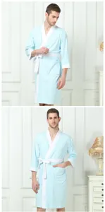 Men's light blue cotton bathrobe with white trim, 3/4 sleeves, cozy sleepwear and loungewear.