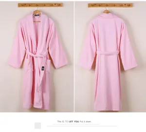 Detailed front and back view of the pink cotton long-sleeve bathrobe with belt and pockets.