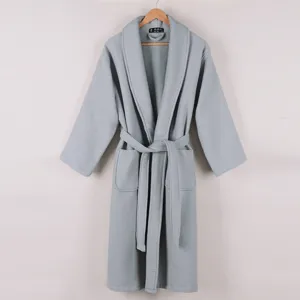 Grey waffle knit cotton bathrobe long loungewear sleepwear with belt and deep pockets