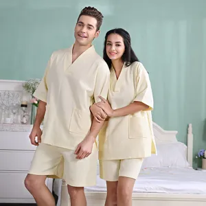 Cotton waffle couple sauna suit short sleeve top and shorts set for hotel spa sleepwear