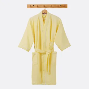 Comfortable cotton yellow bathrobe for women and men, lightweight summer spa bathrobe.