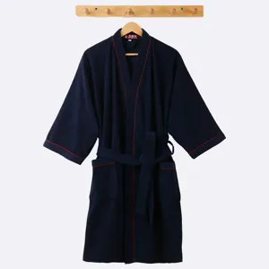 Pure cotton terry bathrobe for women and men, three-quarter sleeves with red piping and belt.