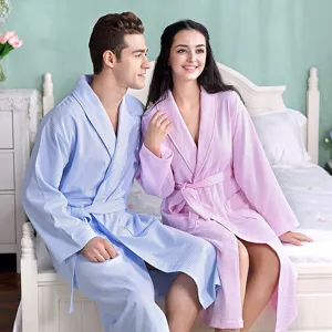 Cotton waffle couple bathrobe set in light blue and pink, perfect for hotel home relaxation.