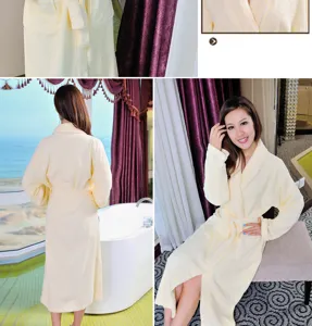 Close-up details of the cotton bathrobe, showcasing fabric texture, collar and waist belt design.