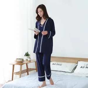 Pyjama femme modal manches longues trois pièces vêtements de nuit confortables bleu détail